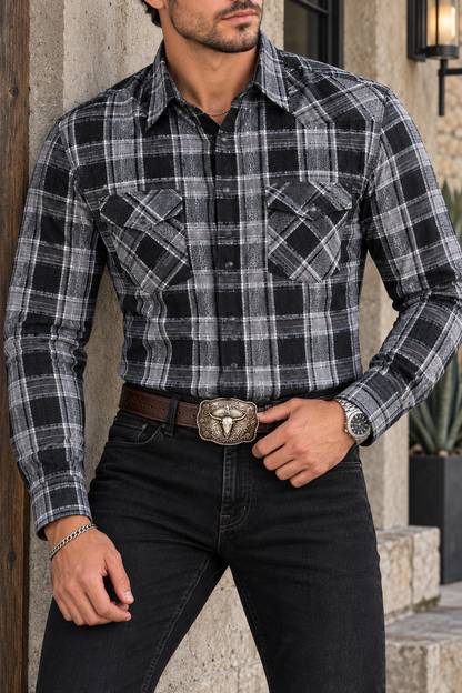Camisa Vaquera Con Bolsas Cuadros Negros Y Grises