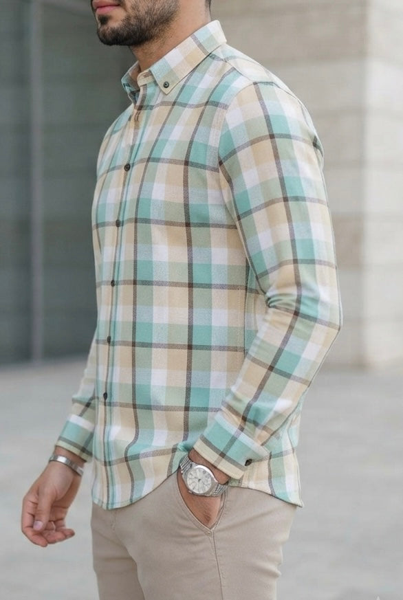 Camisa Manga Larga Cuadros Verdes, Blancos y Amarillos