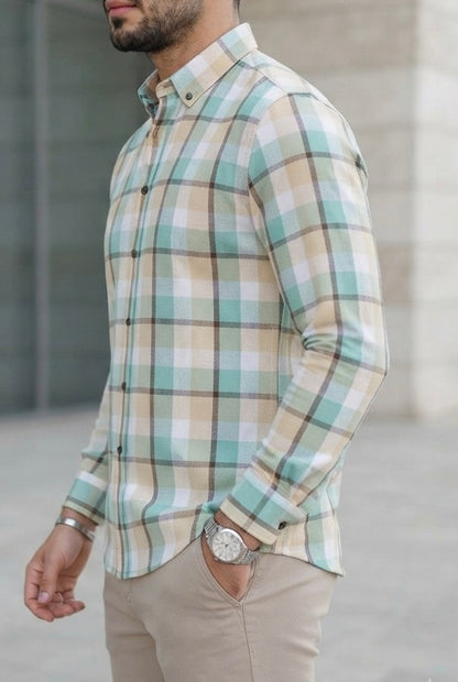 Camisa Manga Larga Cuadros Verdes, Blancos y Amarillos