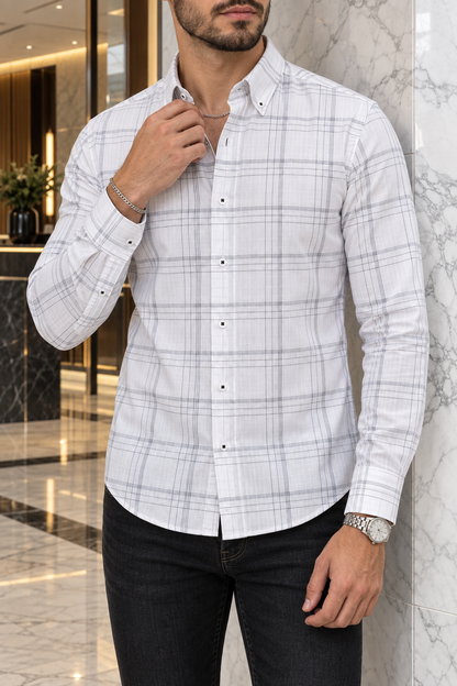 Camisa Manga Larga Blanca Cuadros Rayas Negras