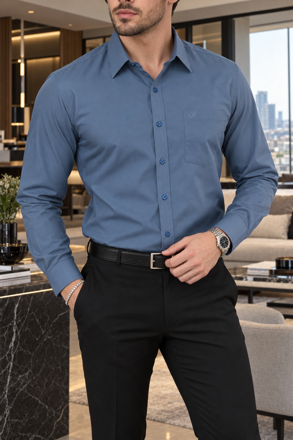 Camisa De Vestir Lisa Azul Acero