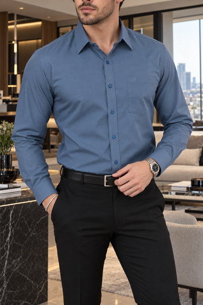 Camisa De Vestir Lisa Azul Acero
