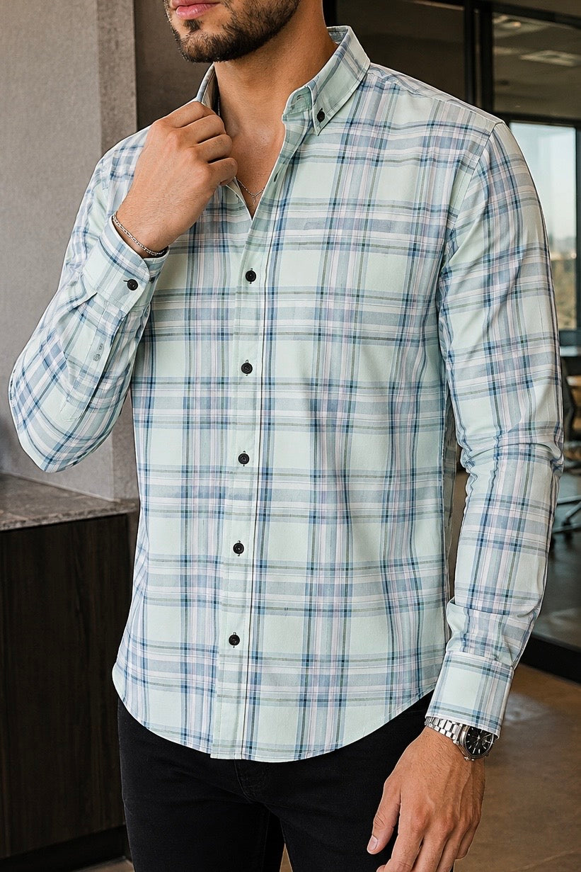 Camisa Manga Larga Verde Cuadros/Franjas Azules