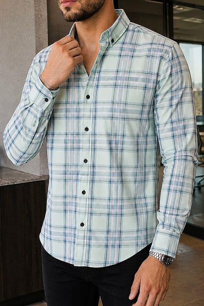 Camisa Manga Larga Verde Cuadros/Franjas Azules