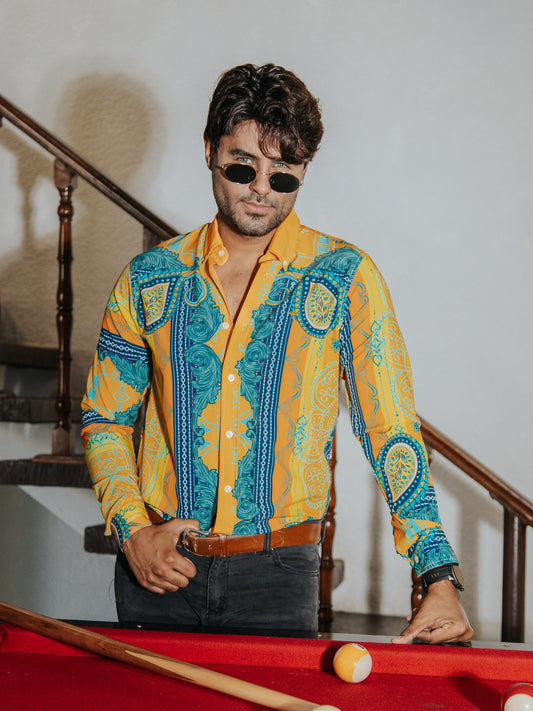CAMISA HOMBRE SLIM FIT, NARANJA FLORES AMARILLAS VERDES Y AZUL