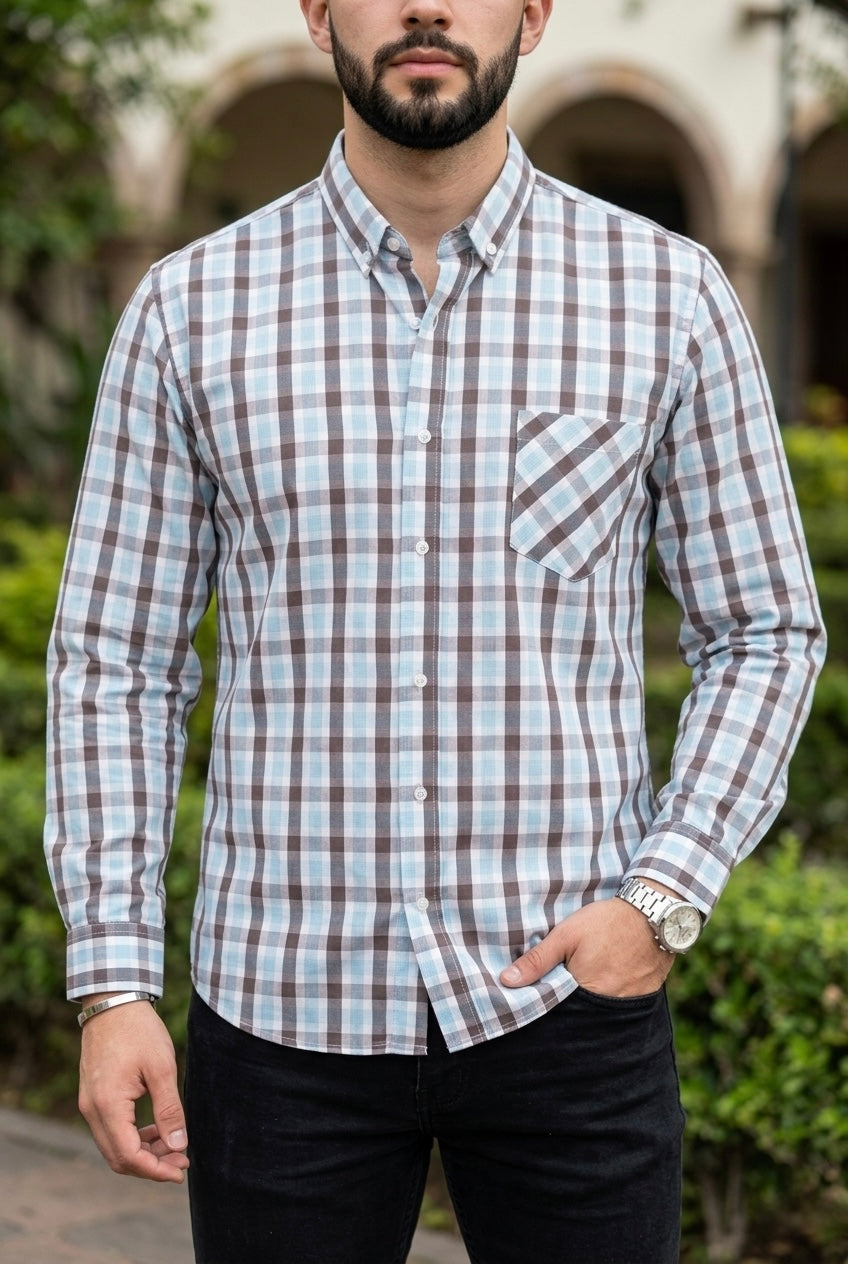 Camisa Manga Larga Con Bolsa Cuadros Azules y Grises