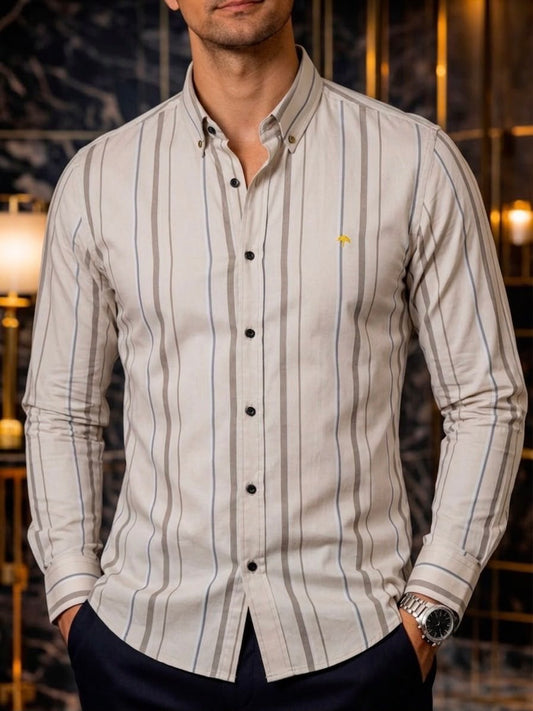 Camisa Manga Larga Beige Rayas Cafés | #2345
