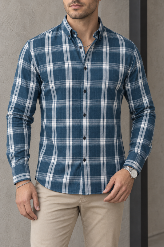 Camisa Manga Larga Cuadros Azules Rayas Blancas