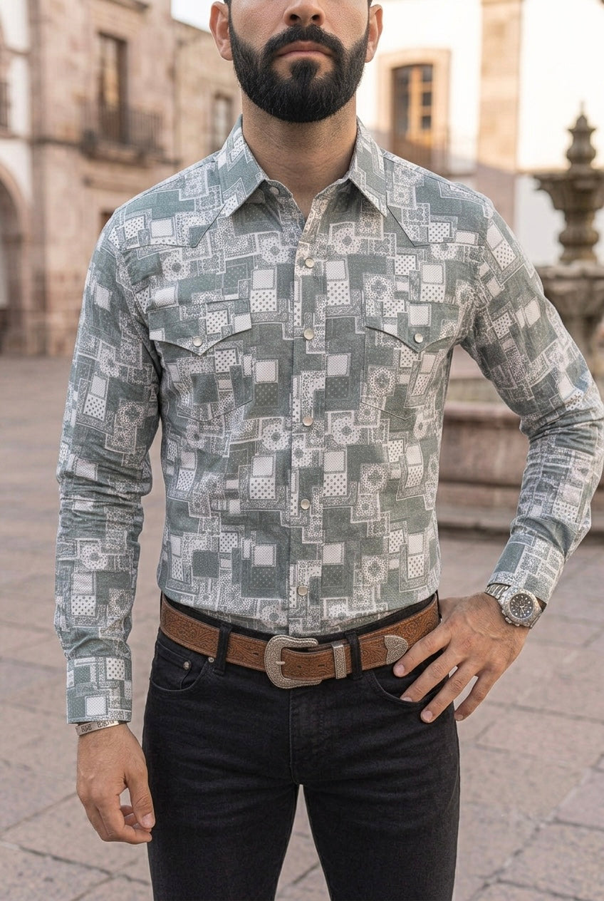Camisa Vaquera Blanca Cuadros Grises