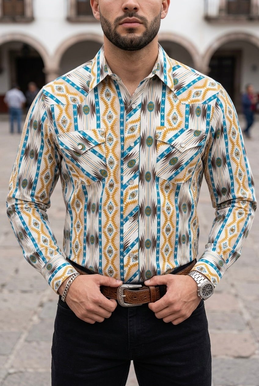 Camisa Vaquera Con Bolsas Beige Detalles Amarillos y Azules