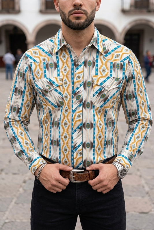 Camisa Vaquera Con Bolsas Beige Detalles Amarillos y Azules