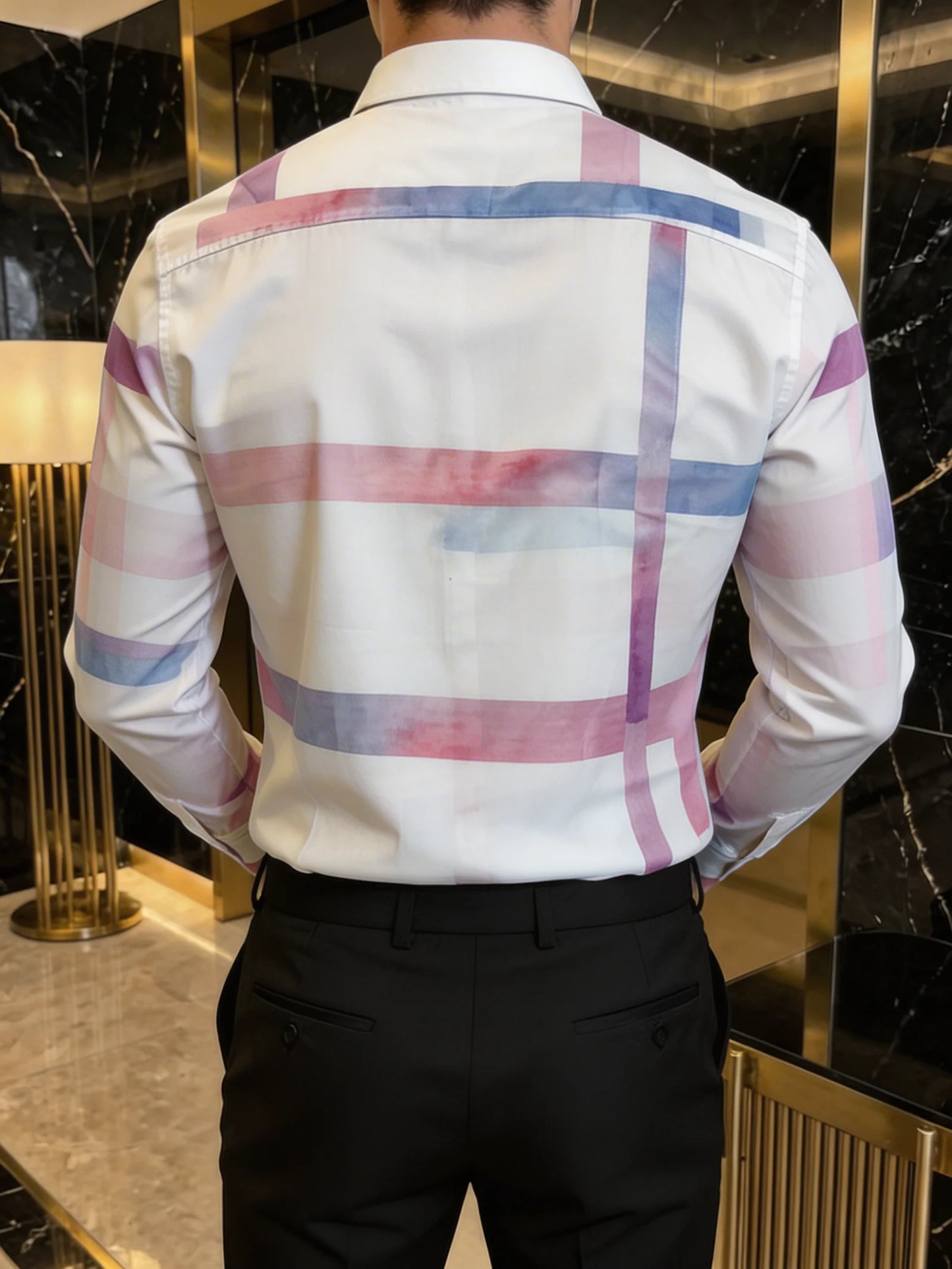 Camisa Casual Hombre Blanca Franjas Rosas y Azules