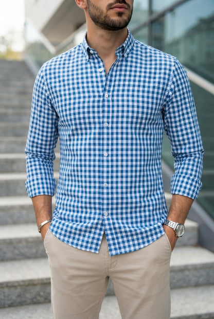 Camisa Manga Larga Cuadros Azules