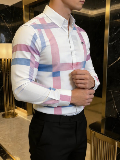 Camisa Casual Hombre Blanca Franjas Rosas y Azules