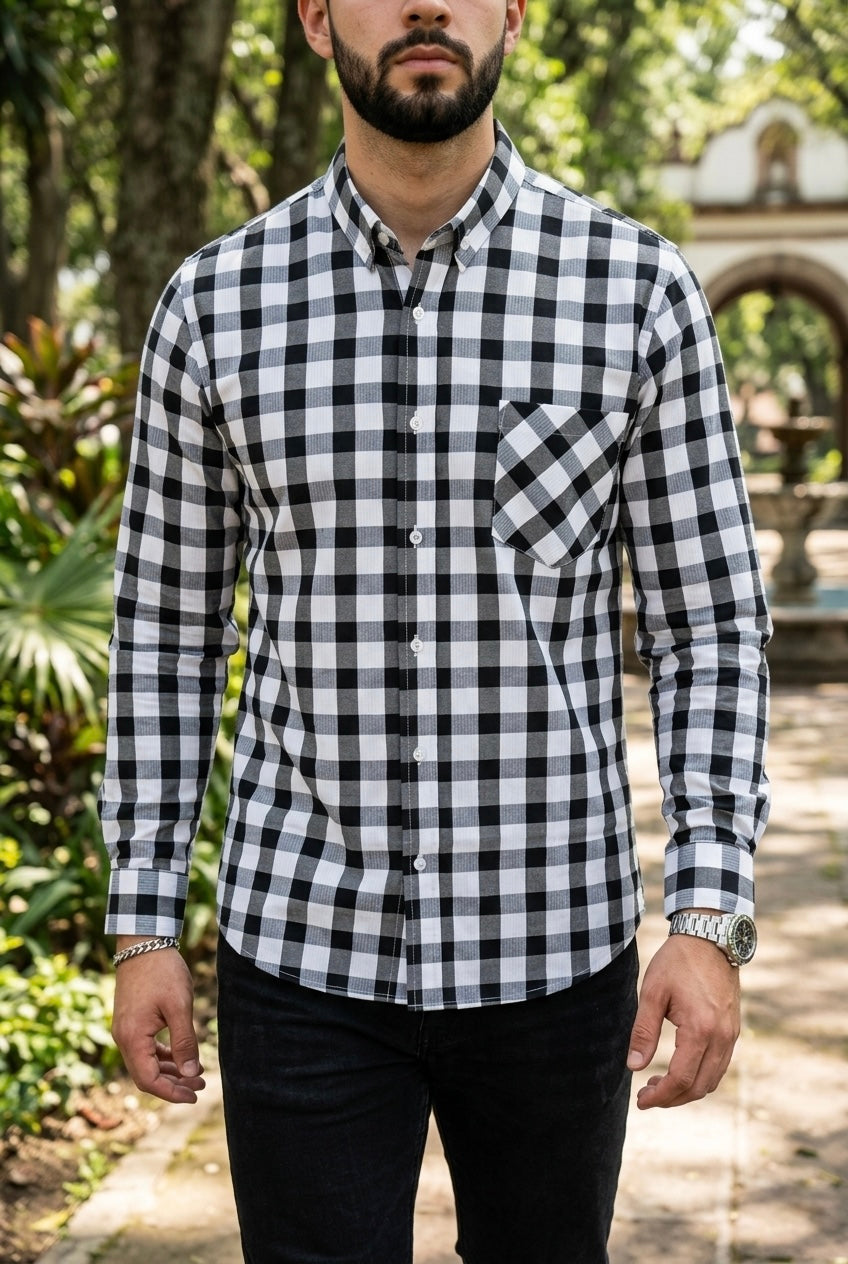 Camisa Manga Larga Con BolsaCuadros Negros