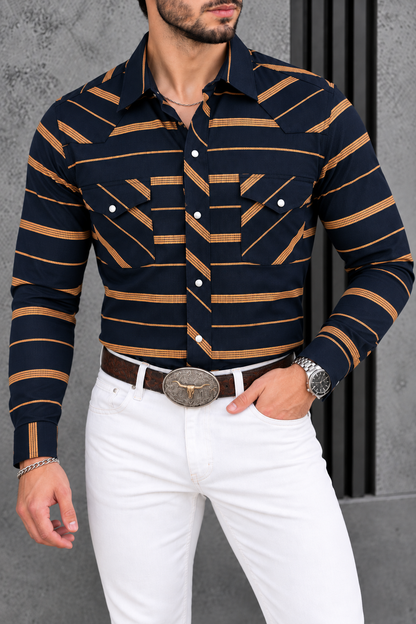 Camisa Vaquera Con Bolsas Azul Marino Rayas Mostaza