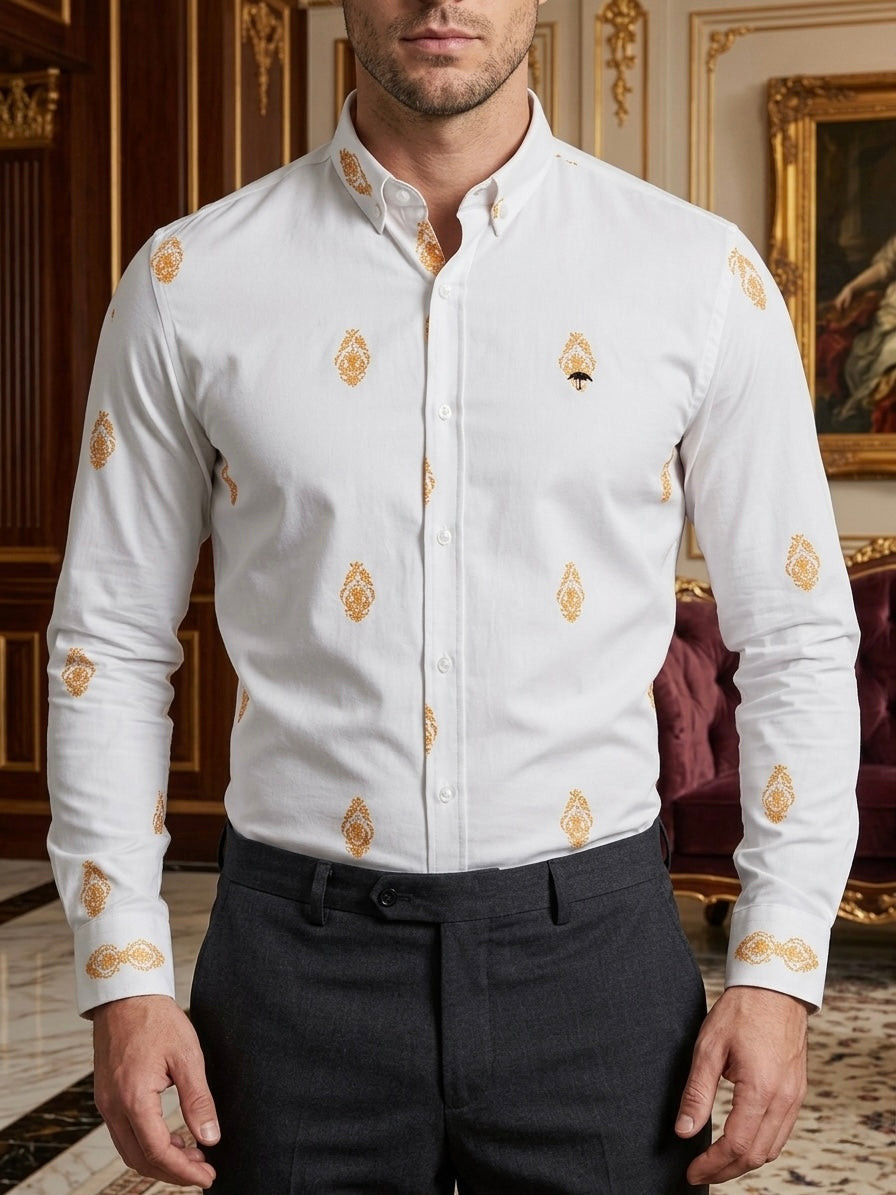 Camisa Casual Hombre Blanca Figuras Amarillas