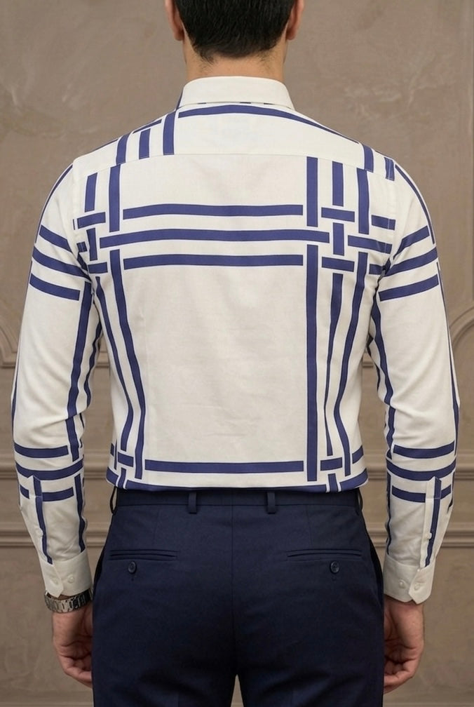 Camisa Casual Hombre, Blanca Franjas Azules