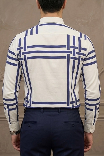 Camisa Casual Hombre, Blanca Franjas Azules