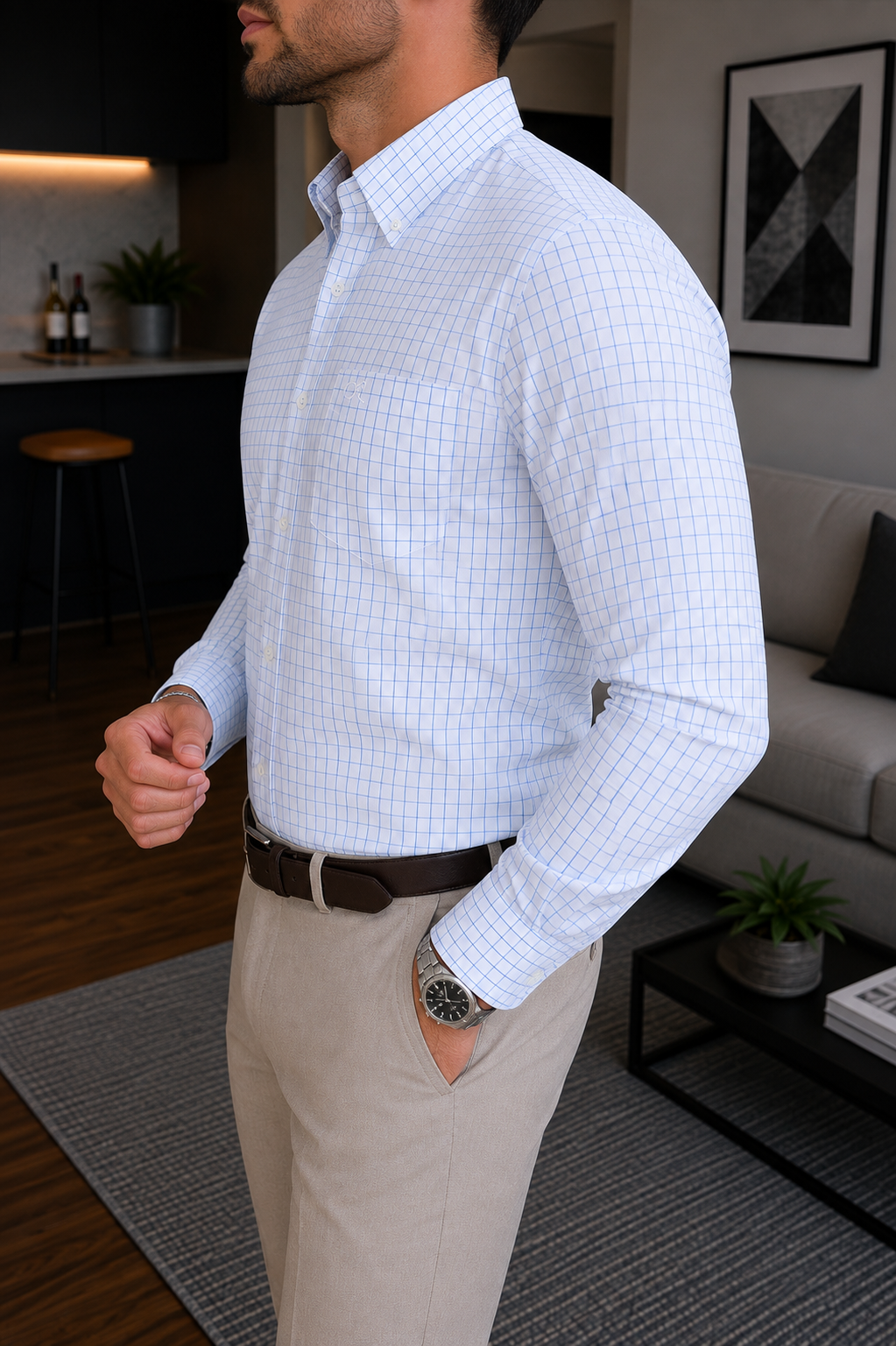 CAMISA DE VESTIR BLANCA LÍNEAS DELGADAS AZULES