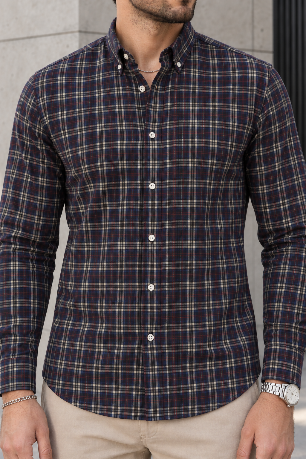 Camisa Manga Larga Azul Cuadros Rojos