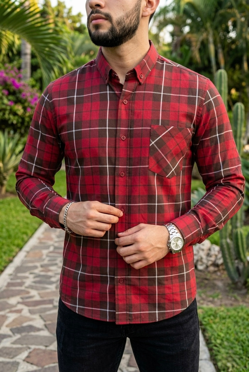 Camisa Manga Larga Con Bolsa Cuadros Rojos