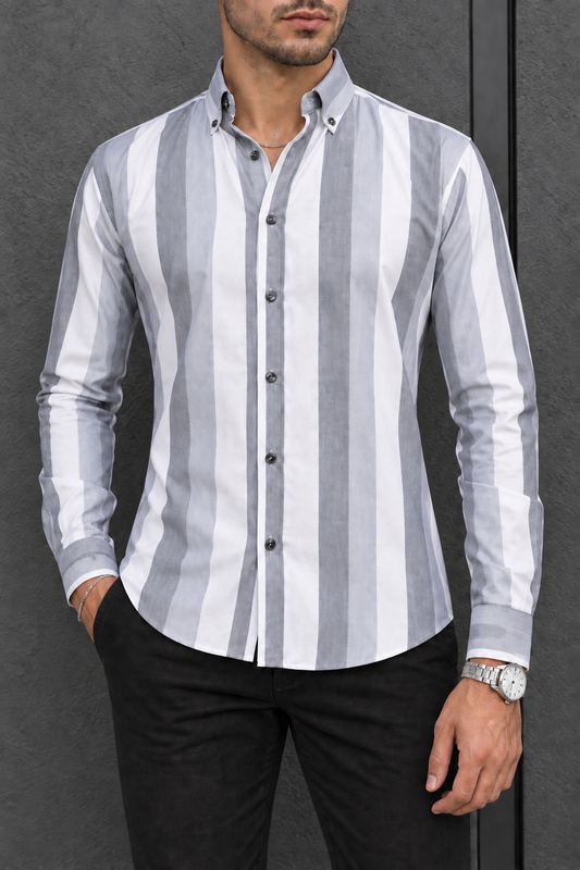 Camisa Manga Larga Blanca Rayas Grisáceas