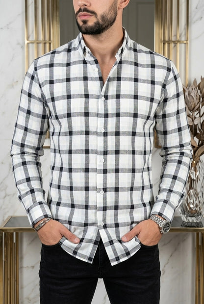 Camisa Manga Larga Blanca Cuadros Negros