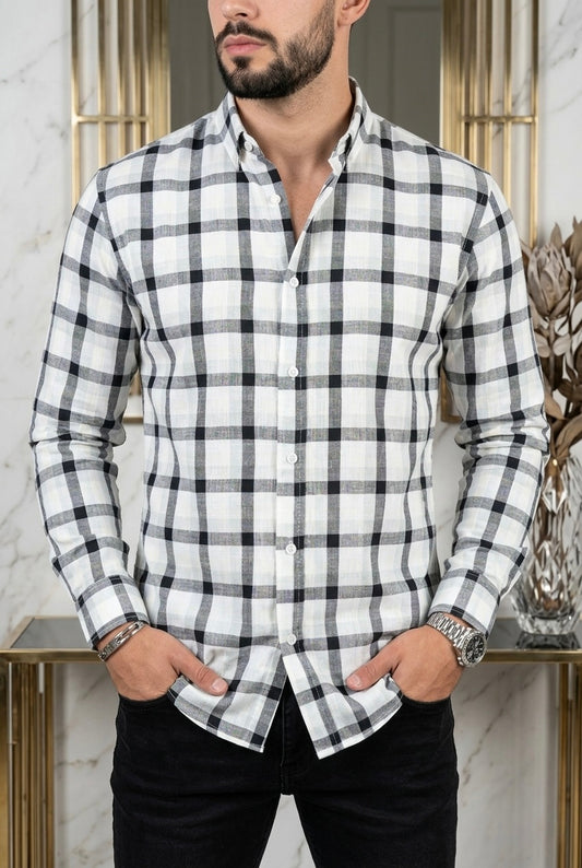 Camisa Manga Larga Blanca Cuadros Negros