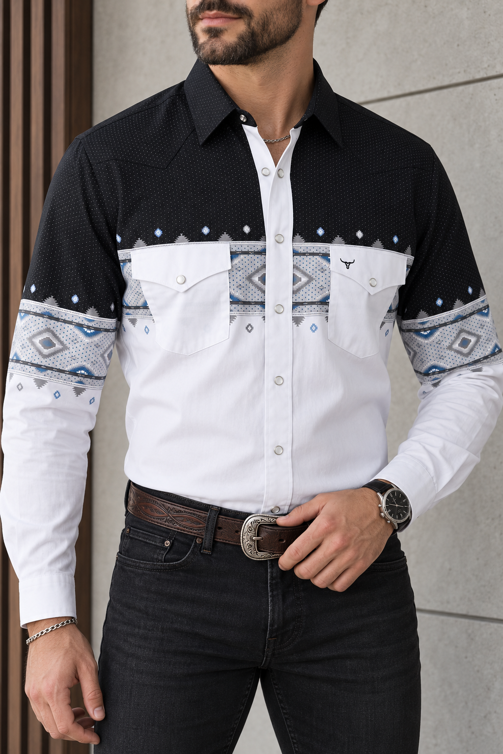 Camisa Vaquera Bicolor Negro Y Blanco