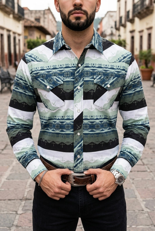 Camisa Vaquera Con Bolsas Líneas Blancas, Verdes y Negras