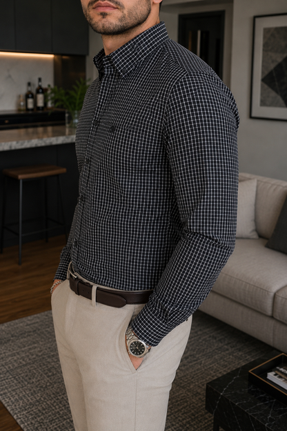 CAMISA DE VESTIR MINI CUADROS NEGROS
