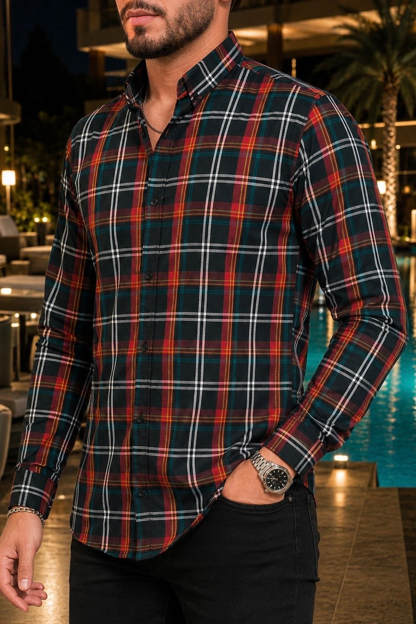 Camisa Manga Larga Cuadros, Líneas Rojas, Amarillas y Blancas