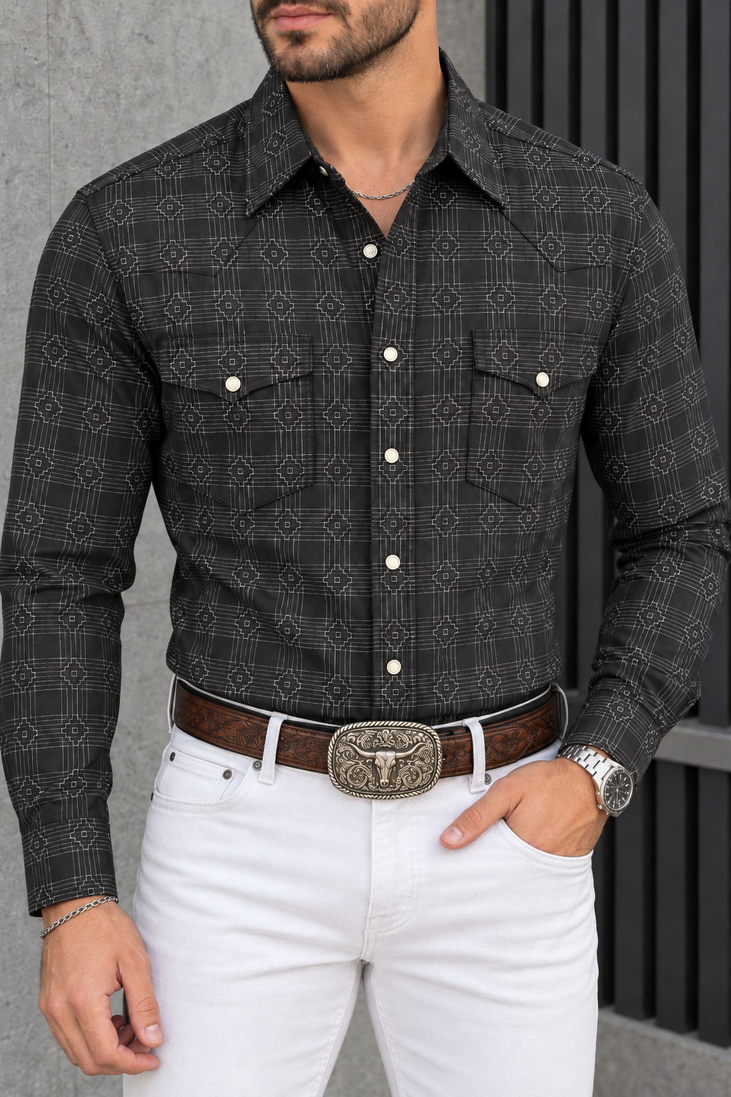 Camisa Vaquera Con Bolsas Negra Rombos