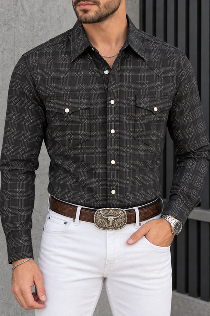 Camisa Vaquera Con Bolsas Negra Rombos