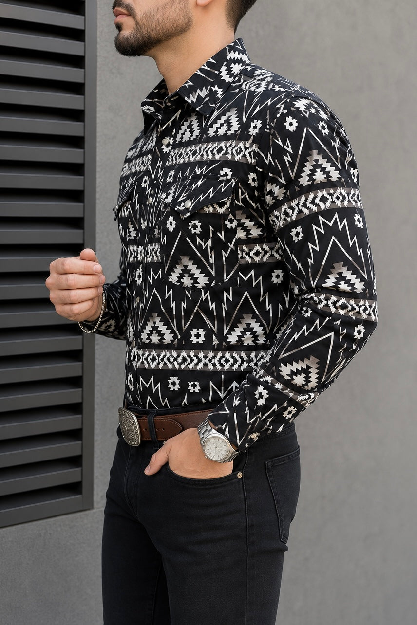 Camisa Vaquera Con Bolsas Negra Detalles Blancos