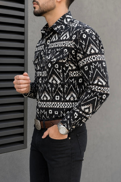 Camisa Vaquera Con Bolsas Negra Detalles Blancos