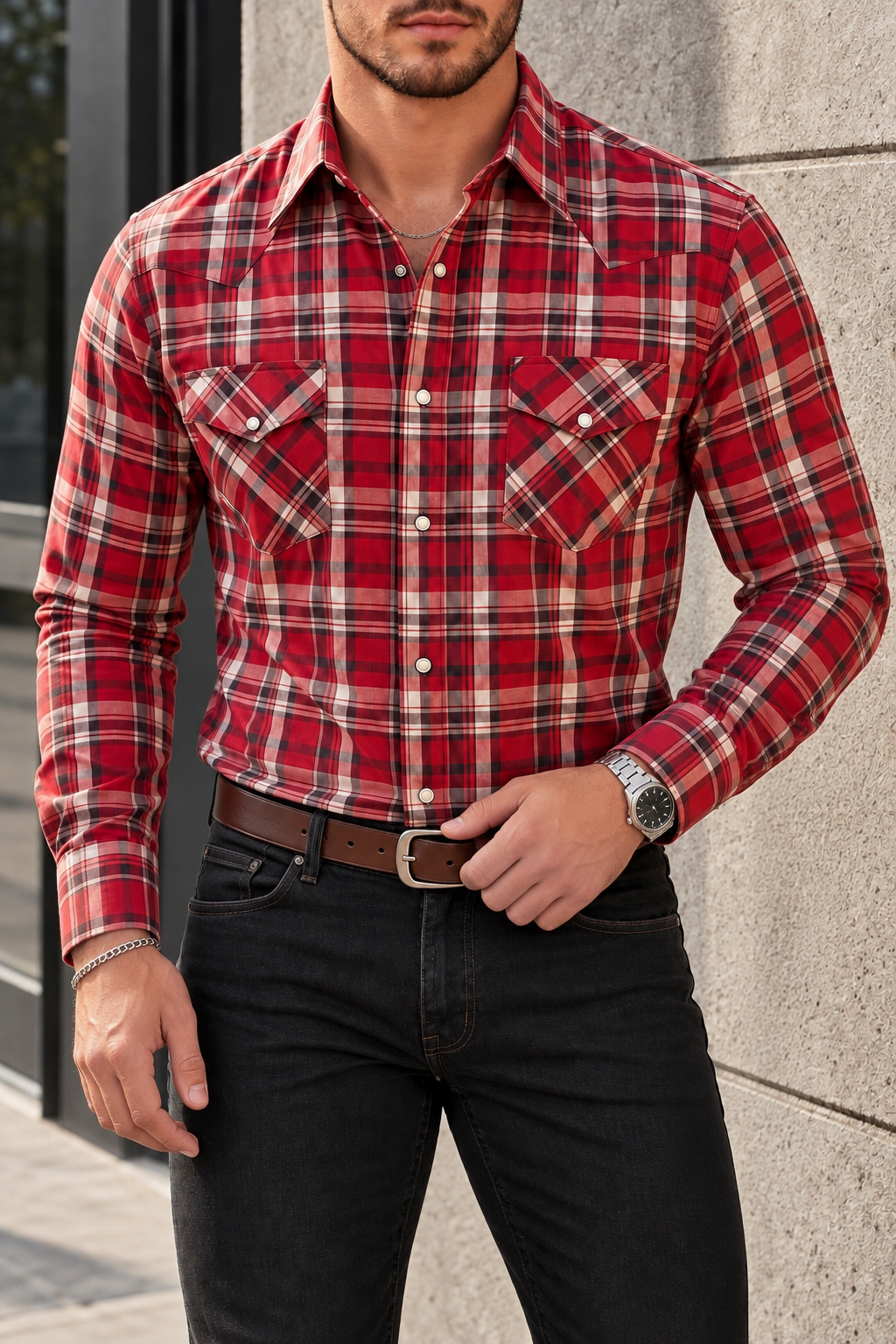 Camisa Vaquera Con Bolsas Cuadros Rojos