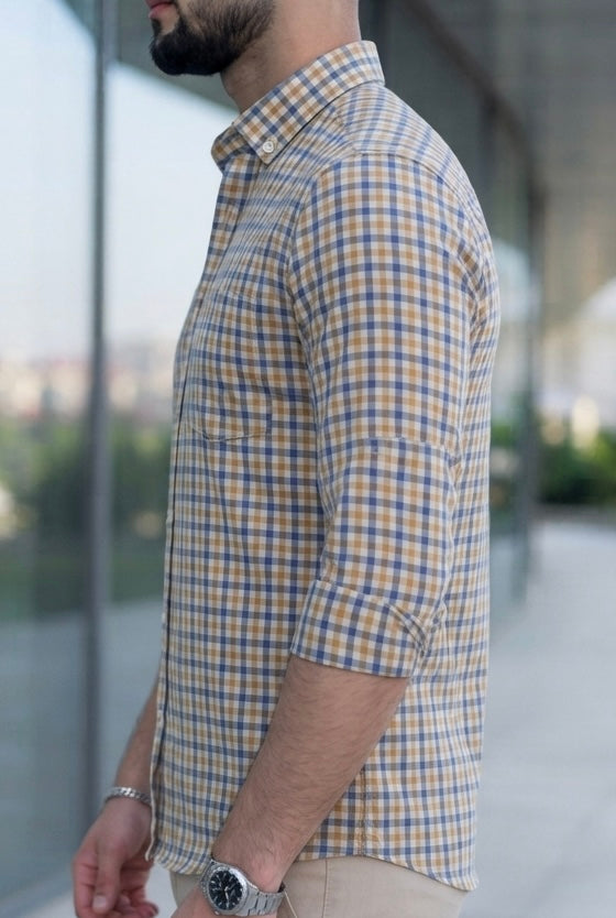 Camisa Manga Larga Mini Cuadros Amarillos Y Azules