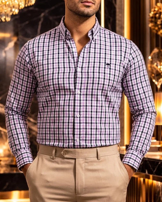 Camisa Hombre Casual Cuadros Lila Blanco Negro