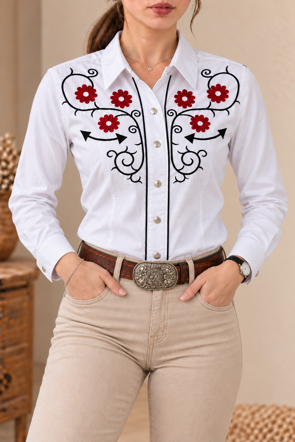 Camisa Vaquera De Dama Blanca Detalles Bordados Rojos