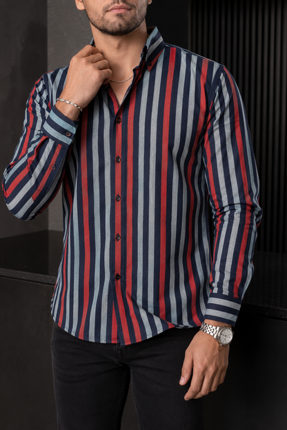 Camisa Manga Larga Rayas Azules/Rojas