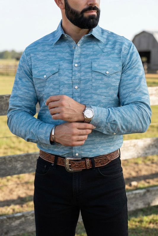 Camisa Vaquera Con Bolsas Azul Cielo Detalles Blancos