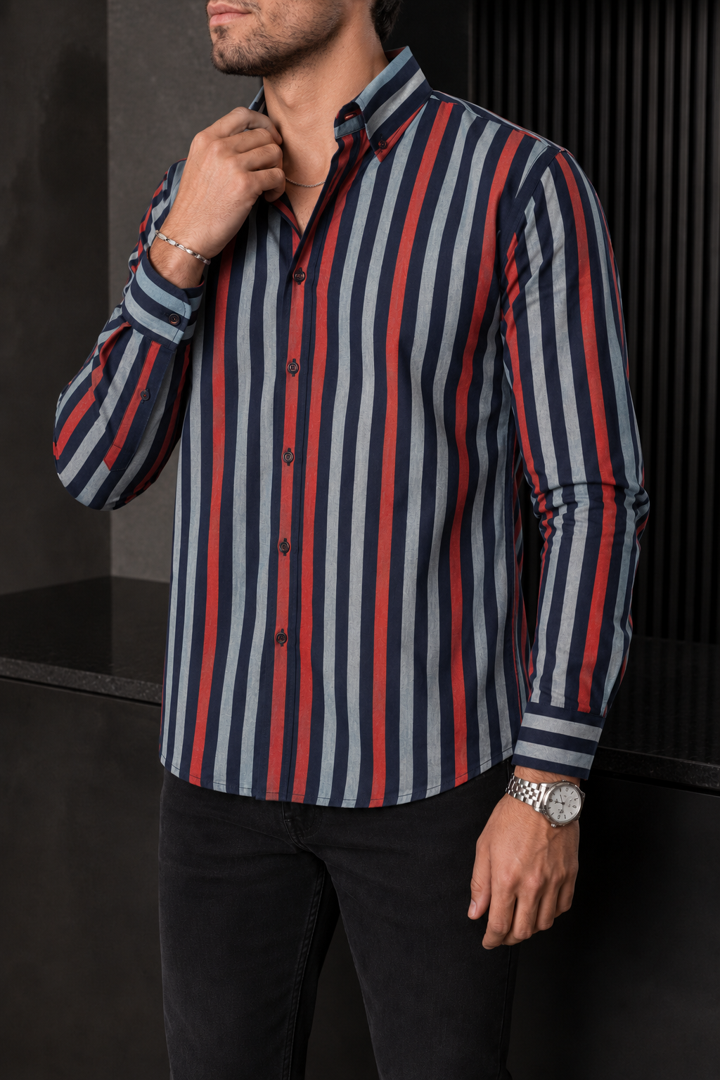 Camisa Manga Larga Rayas Azules/Rojas