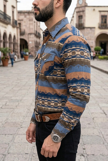 Camisa Vaquera Con Bolsas Líneas Azules, Naranjas y Beige