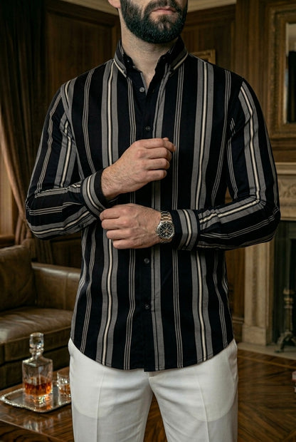 Camisa Negra Rayas Blancas Y Beige