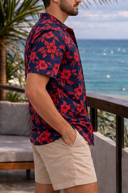 Camisa Manga Corta Azul Flores Rojas OVERSIZE