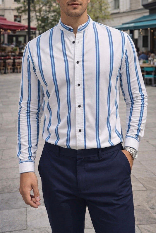 Camisa Cuello Mao Blanca Rayas Azules