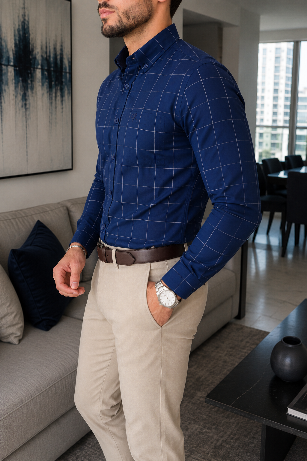 CAMISA DE VESTIR AZUL LÍNEAS BLANCAS