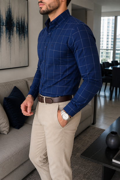 CAMISA DE VESTIR AZUL LÍNEAS BLANCAS